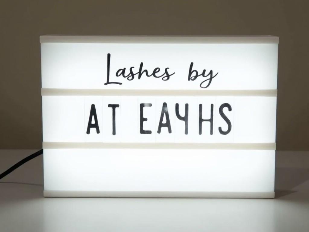 This image showcases a sleek white sign board designed for a beauty salon. The sign features the phrase 'Lashes by Diro' prominently displayed in bold black font. The backlighting creates a soft white glow, enhancing its appeal. The modern design is perfect for attracting customers. Ideal for use in promotional materials or social media for beauty services.