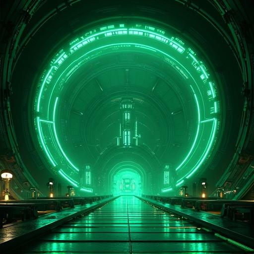 Anime inspired scene depicting an oversized laboratory inside a futuristic building resembling a black hole society. The environment is luxurious with emerald green and black tones. Time set during noon with bright lighting creating an otherworldly atmosphere in Shanghai's underground.