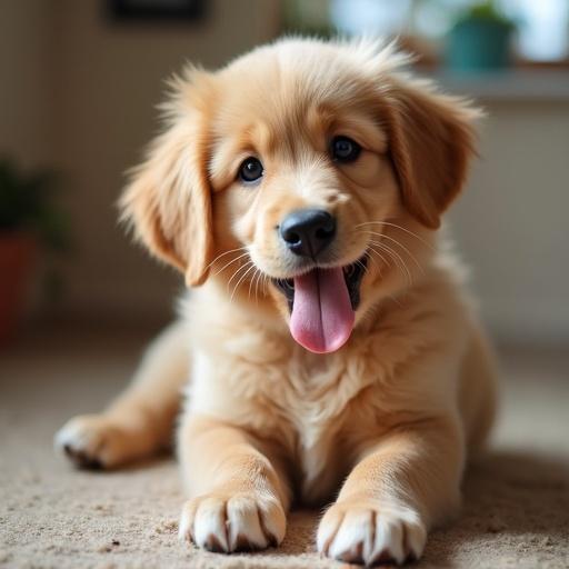 A golden retriever puppy is lying on the floor. The puppy has a playful expression, tongue out, and fluffy fur. The background is soft and bright, suggesting a cozy indoor setting.