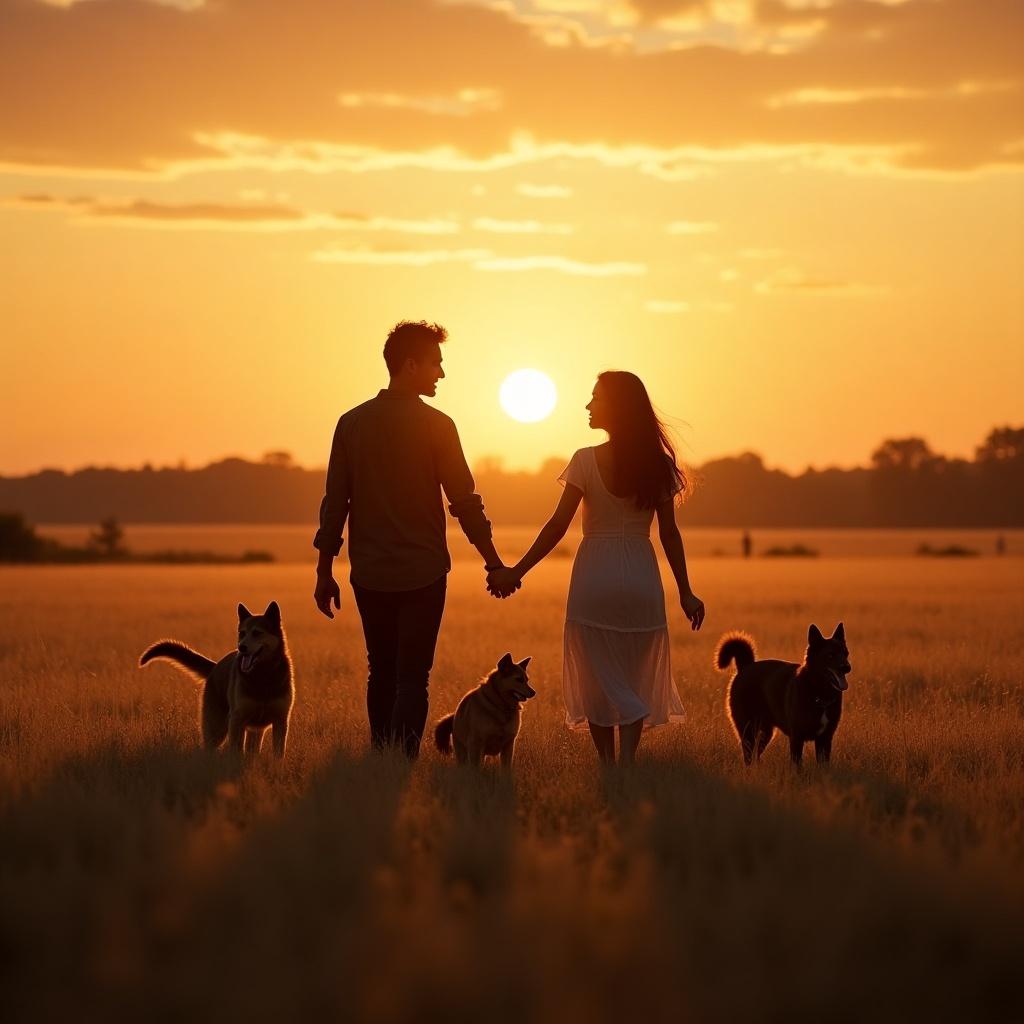 Couple holds hands during sunset while walking through a field. Dogs follow them. Romantic atmosphere. Golden hour glow.