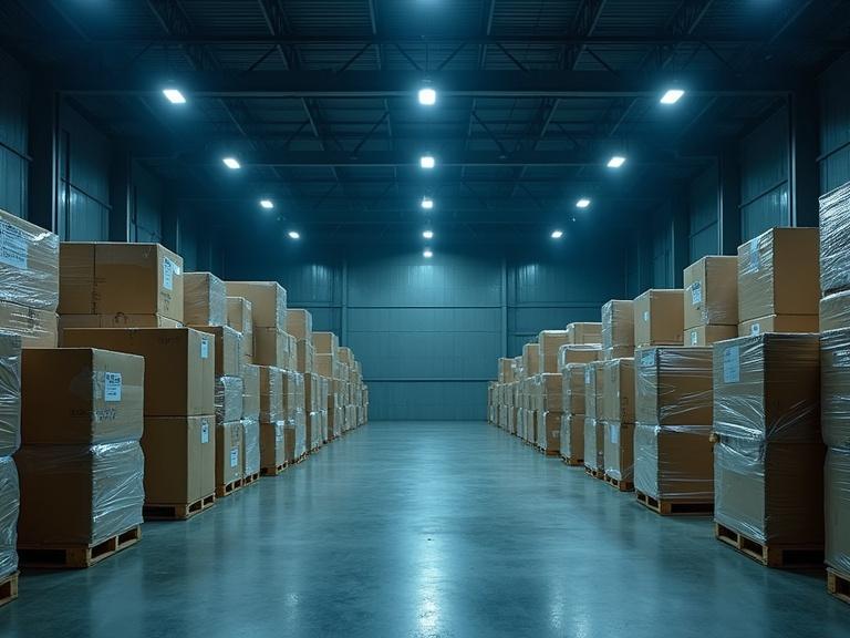 A large warehouse with poor lighting. Strong blue tones fill the room. Boxes are stacked on wooden pallets. Each box wrapped in plastic. The scene is focused on the warehouse's vast space.