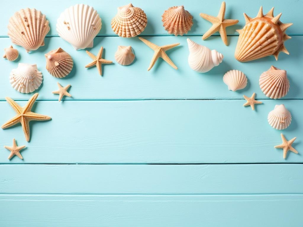 The image features a collection of various seashells arranged on a light blue wooden surface. There are large shells, tiny shells, and starfish scattered artistically across the image. The background is softly colored, enhancing the beachy feel of the composition. The shells showcase different shapes, sizes, and patterns that add visual interest. This serene scene captures the essence of the ocean and seaside treasures, evoking a sense of tranquility and nature.