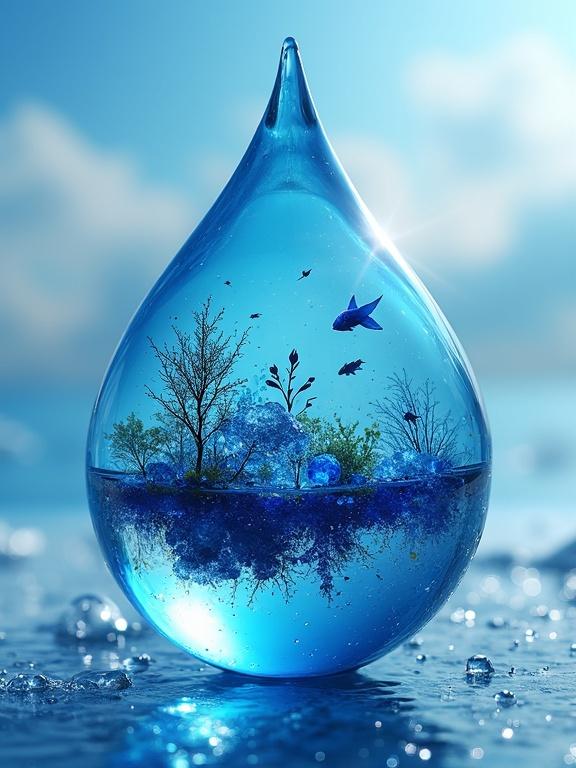 Intricate scene where a blue orb drop contains a miniature ecosystem. Tiny plants and indigo fish thrive inside the magnified drop. Represents water sustaining life. Orb drop floats in air with blurred blue sky background.
