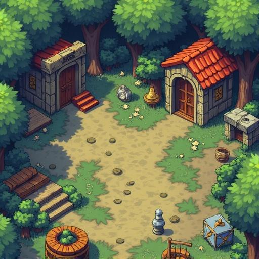 A landscape featuring two fantasy buildings surrounded by trees. Paths lead to the buildings made of stone with red roofs. Several props like barrels and statues are scattered around. The ground has some grass and small stones.