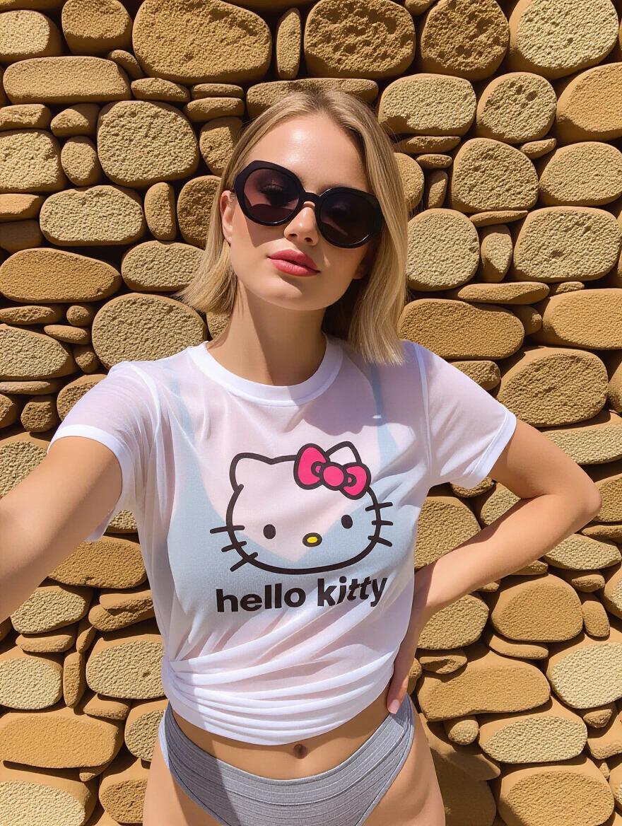 Photograph of a young woman outdoors on a sunny day. She stands in front of a textured stone wall. The woman has light skin and wears dark sunglasses. Her short blonde hair is styled casually. She is in a sheer white t-shirt with a Hello Kitty graphic. A black sports bra is visible underneath. Grey panties tied at the sides show her midriff. A star tattoo is on her right forearm. Her arms are raised behind her head. A wooden lounge chair is in the background with a beige cushion and light pink blanket. The scene suggests a summertime vibe.