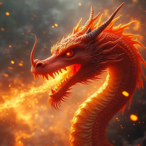 A dragon exhaling flames in a dark, smoky environment. The dragon has intricate scales and a fierce expression. Flames and embers illuminate the scene. Background features a smoky, mystical atmosphere.