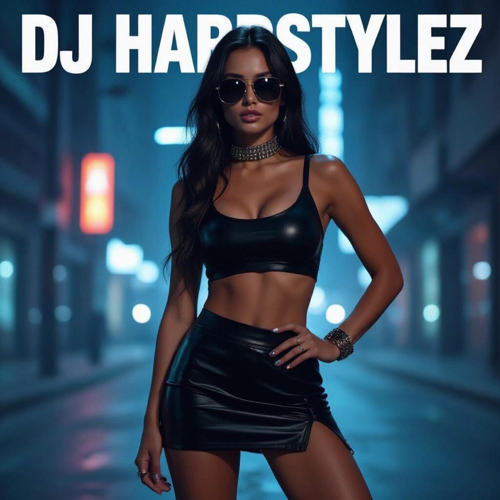 Raw photo at night with a futuristic vibe. A babe in a miniskirt leans against a wall with one hand behind the back. Sunglasses on. Text reads DJ Hardstylez.