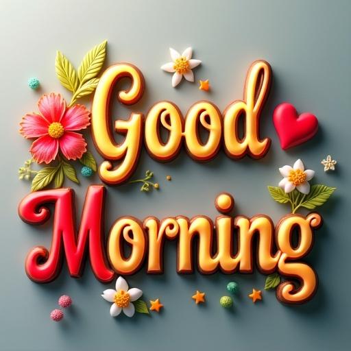 3D render of the phrase Good Morning shaped like a hibiscus flower. The design includes hearts and stars made of chocolate-coated wafer biscuits. Bright colors of yellow green white blue and red create a glowing effect. The text contrasts against a soft gray background. Red hearts and a flower with colorful petals crafted from satin fabric are elegantly framed by spiral leaves. The scene has warm lighting. Handwritten inscription by Muny Vathana appears in gold ink above Morning.