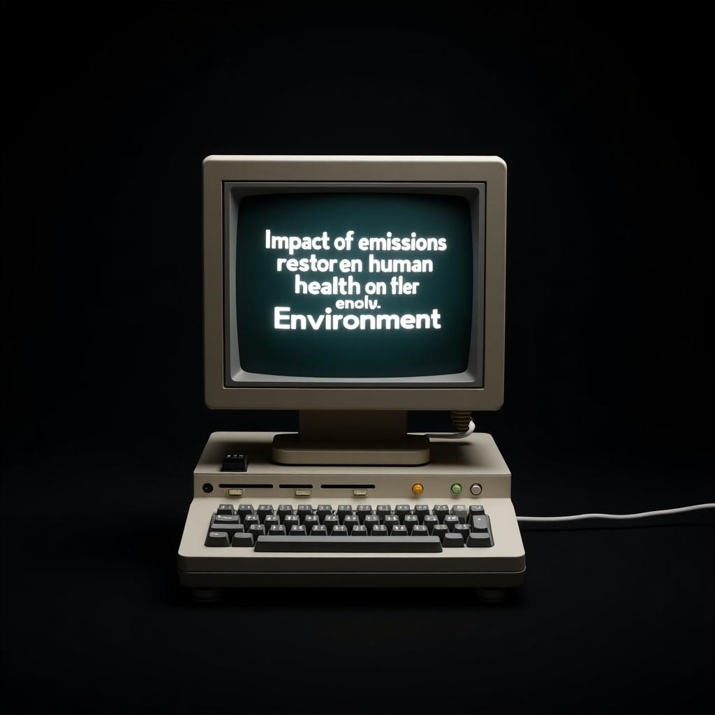 Image features a retro computer resembling early 80s models. The computer screen displays text about the impact of emissions on human health and the environment. A solid black background enhances the vintage feel. Classic design includes a monitor and keyboard. Evokes nostalgia and charm of early personal computing.