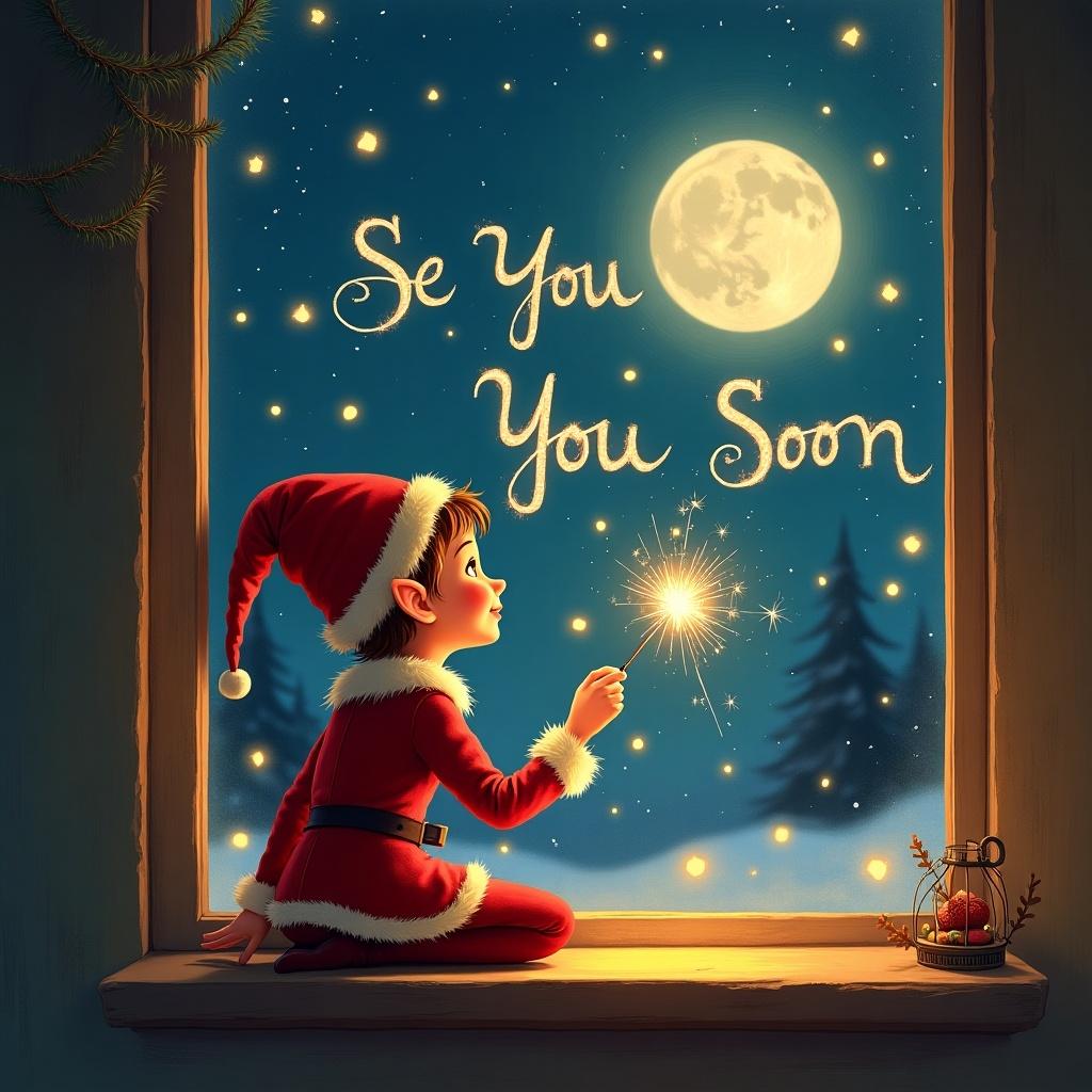 This illustration features a charming elf seated by a window at night. The elf is dressed in a delightful red outfit and wears a pointy hat. Joyfully, the elf uses a sparkler to write 'See You Soon' in the starry night sky. Below, the names 'Peyton, Parker, Marley, & Matilda' are artistically displayed. The warm light inside creates a cozy ambiance, enhancing the festive feel. A bright moon shines outside, completing the enchanting winter scene.