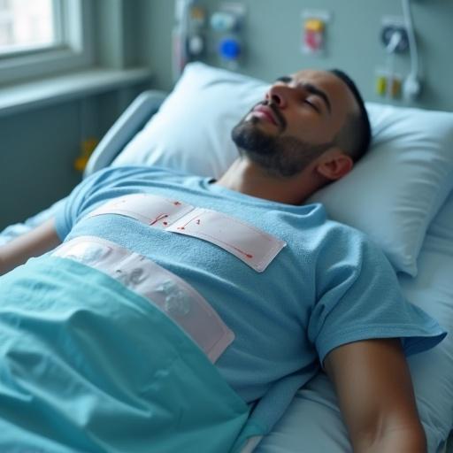 3d image of a man lying on a hospital bed with EKG patches on his chest