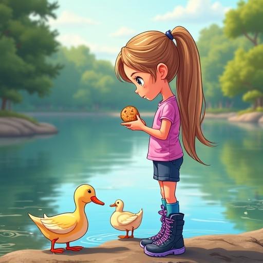 Girl with ponytail feeding ducks by the park lake. She holds a piece of bread. Surrounding scenery includes trees and water.