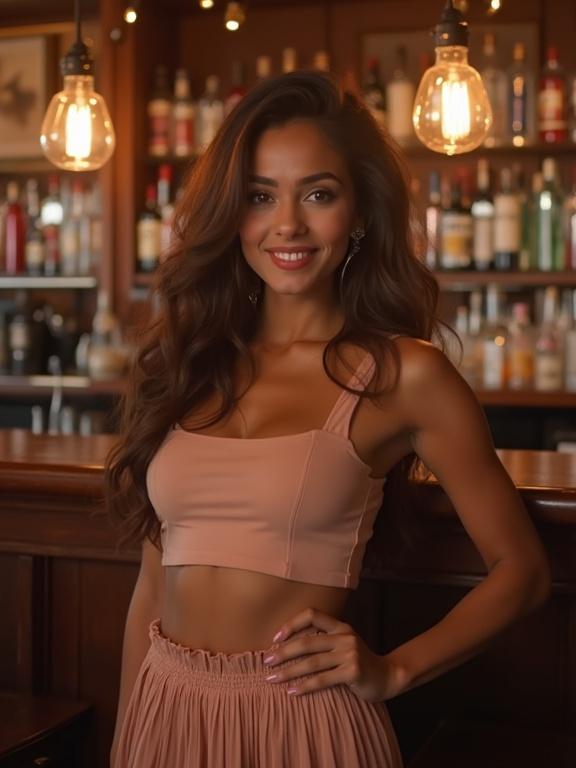 Mother poses flirtatiously at a bar. Wearing a crop top and a pleated skirt. Smiling confidently at the camera.