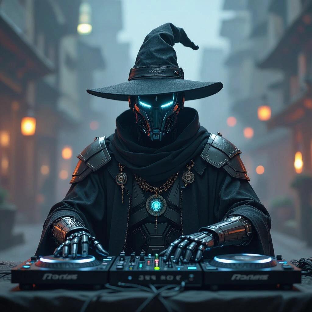 A cyborg wizard dressed in dark attire mixing music at a DJ booth. The character has glowing blue eyes and wears a long cloak and a large pointed hat. The background shows a misty urban setting with illuminated street lanterns. Showcase a futuristic, mystical vibe suitable for an album cover.