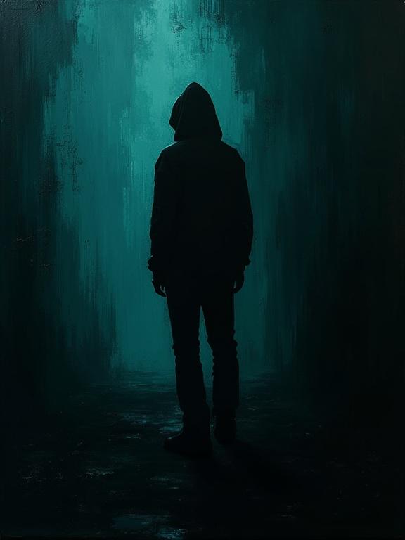 Digital oil painting showcases a silhouette of a figure in a void. Harsh paint strokes create an unfinished and absurdist feel. Dark teal colors dominate. The background is completely black. The composition emphasizes the emptiness around the figure.