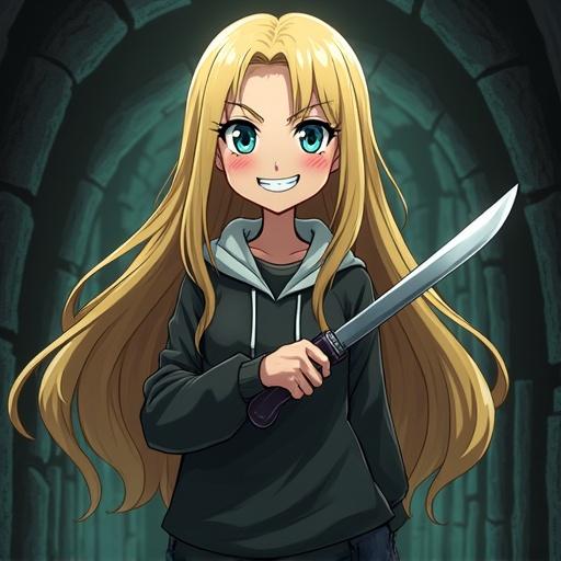 Anime girl with long blonde hair stands confidently holding a knife. Evil smile on her face. Set in a dark dungeon environment.