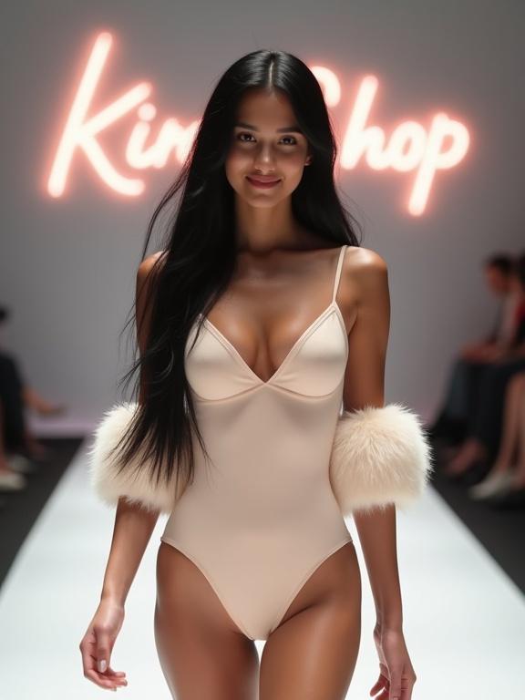 Young woman with long black hair, smiling sweetly at camera. Model walking down white catwalk in light bodysuit with thin straps. Bodysuit features V-shaped neckline and fluffy decorative elements on arms. Background shows glowing Kira Shop sign.