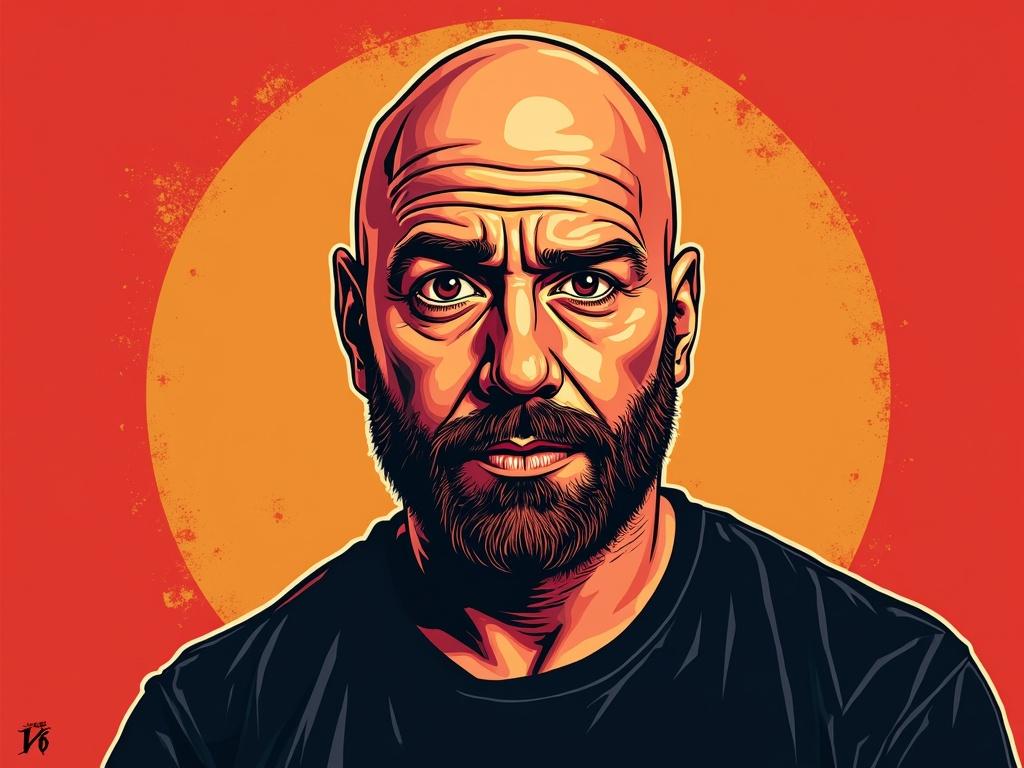 Transform the face to match the style of The Joe Rogan Experience podcast logo. Use bold red and orange colors with an emphasis on high contrast. Exaggerate the details for a cartoonish effect, incorporating thick black outlines. Keep the facial expression intense and slightly exaggerated, adding a touch of psychedelia or surrealism. Ensure that the overall likeness remains while enhancing the features to reflect the distinct aesthetic of the logo.