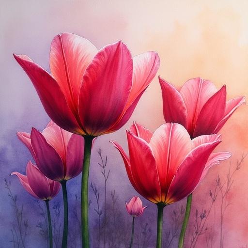 A hand-painted watercolor artwork featuring vibrant tulips in assorted hues. The painting displays layers of color from deep red to purple and pink on textured Museum Arches paper.