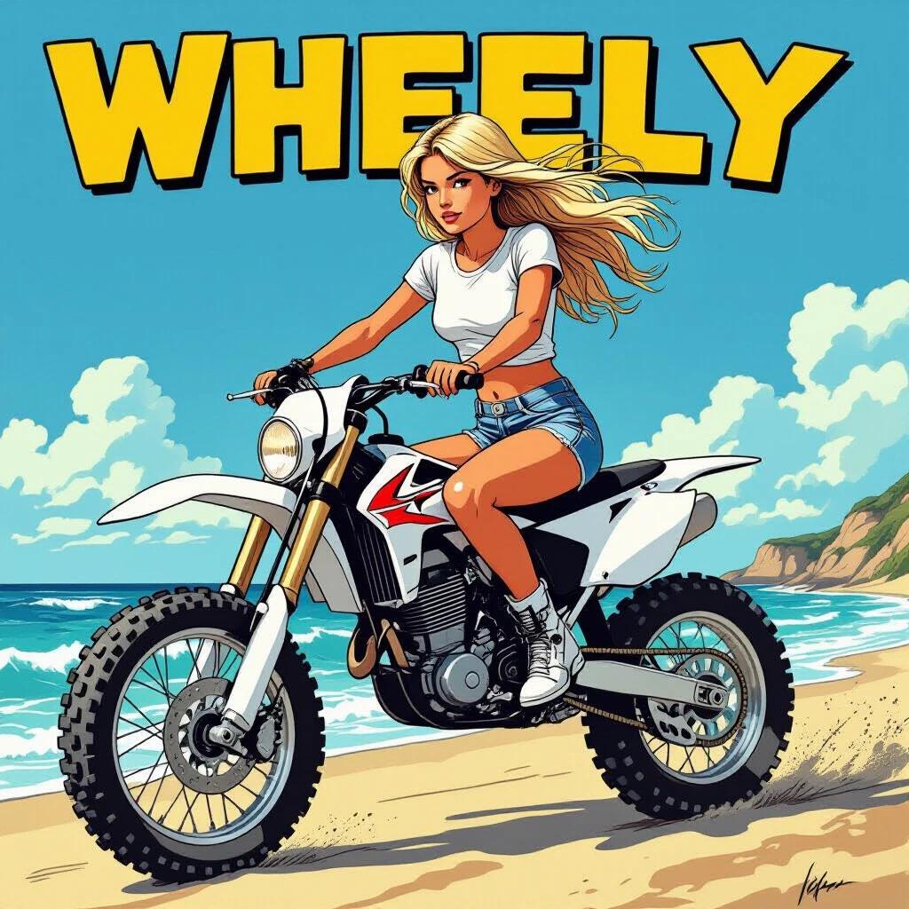 A long-haired girl performs a wheely on an offroad motorcycle at the beach. She wears a cropped white t-shirt and blue shorts. The background features waves and a sandy shore. The illustration has bold outlines and vibrant colors.