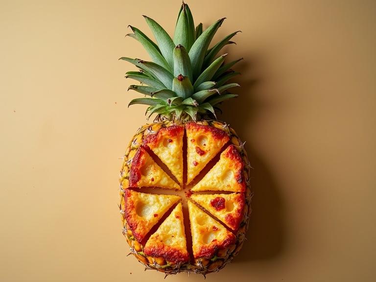 A pineapple shaped like a pizza. Pineapple has pizza slices. Bright colors and appealing design.