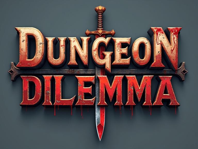 Create a game title logo featuring the text DUNGEON above DILEMMA. Use heavy blocky serif type with chiselled edges. Integrate a blood-stained dagger piercing a letter and a rusty metal bear trap at the base. The logo has an ominous mood with a clear 2D graphic style.