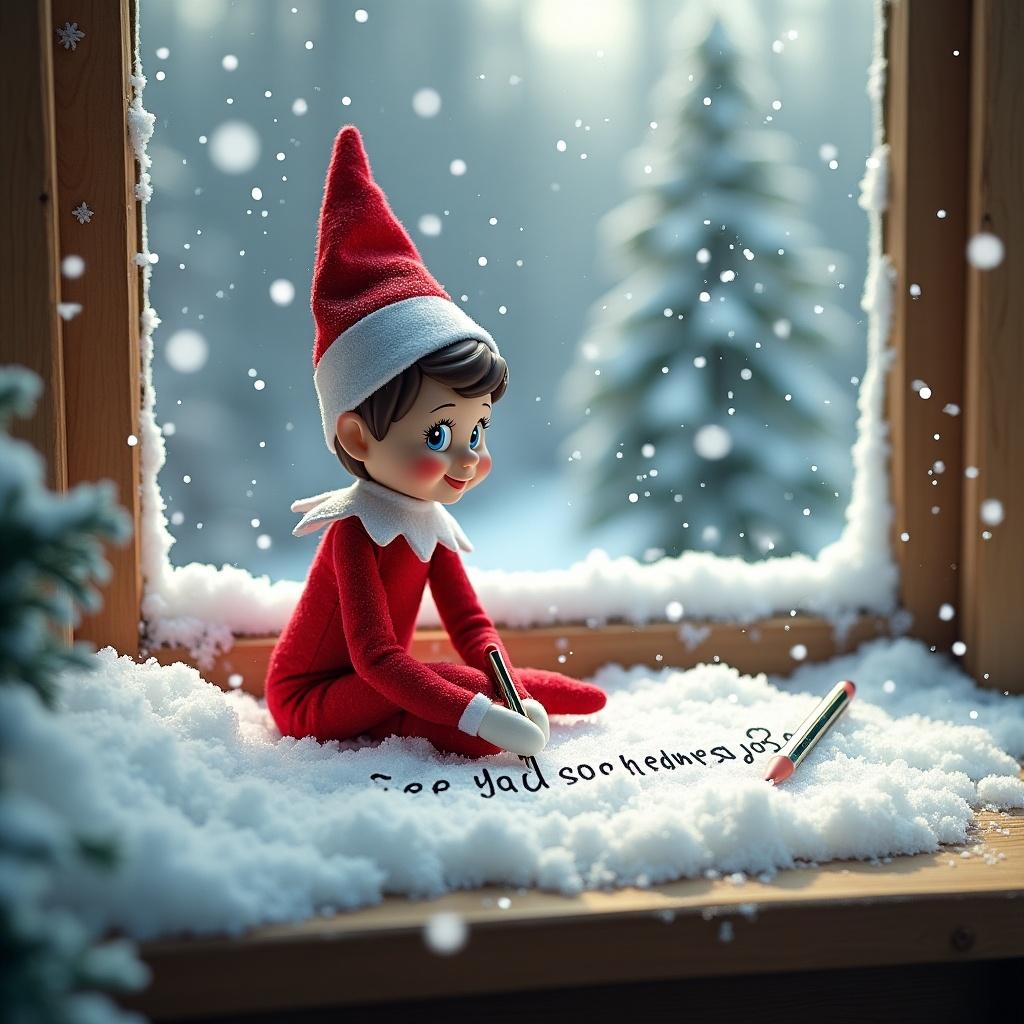 A whimsical scene featuring a red elf on the shelf sitting in the snow. The elf, with rosy cheeks and a playful expression, is focused on writing a message. Snowflakes gently drift around, creating a magical atmosphere. The elf's little red hat and outfit contrast beautifully against the white snow. Behind the elf, an idyllic winter landscape adds to the festive feel.