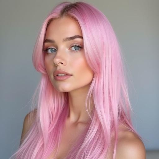Portrait of an 18-year-old woman with straight pastel pink hair and light makeup. Soft background. She has a calm expression and clear blue eyes.