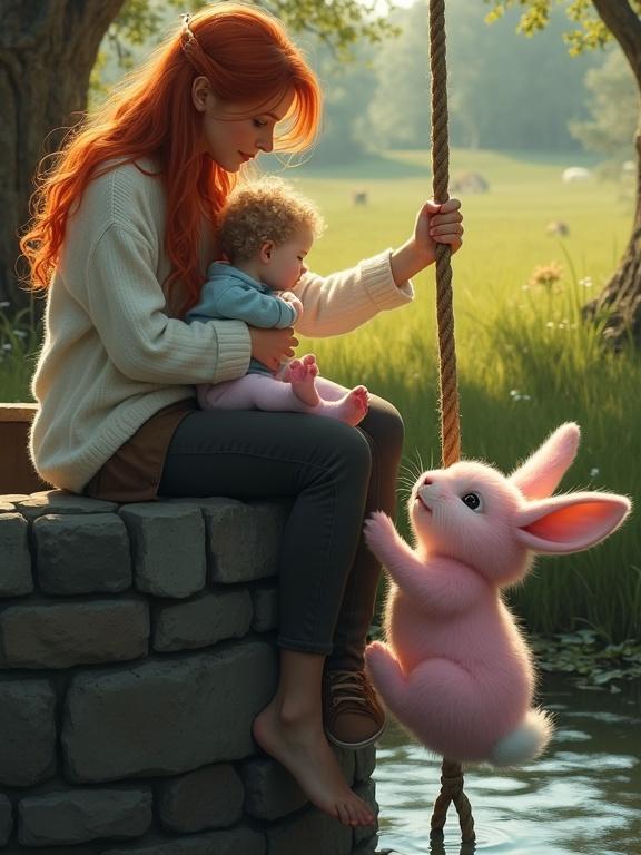 Scene depicts a young woman with long red hair in a white sweater. She sits on a stone well holding a baby in a blue onesie securely. The woman holds onto a rope. Below her, a large pink rabbit grips the rope, pulling itself up, looking focused. The background shows a grassy field, soft sunlight, and trees.