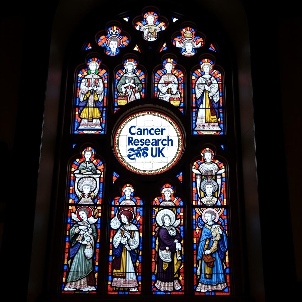 Stained glass window located in Manchester Cathedral. Center displays Cancer Research UK logo with vibrant colors. Spiritual artistic expression combined with modern charity message.