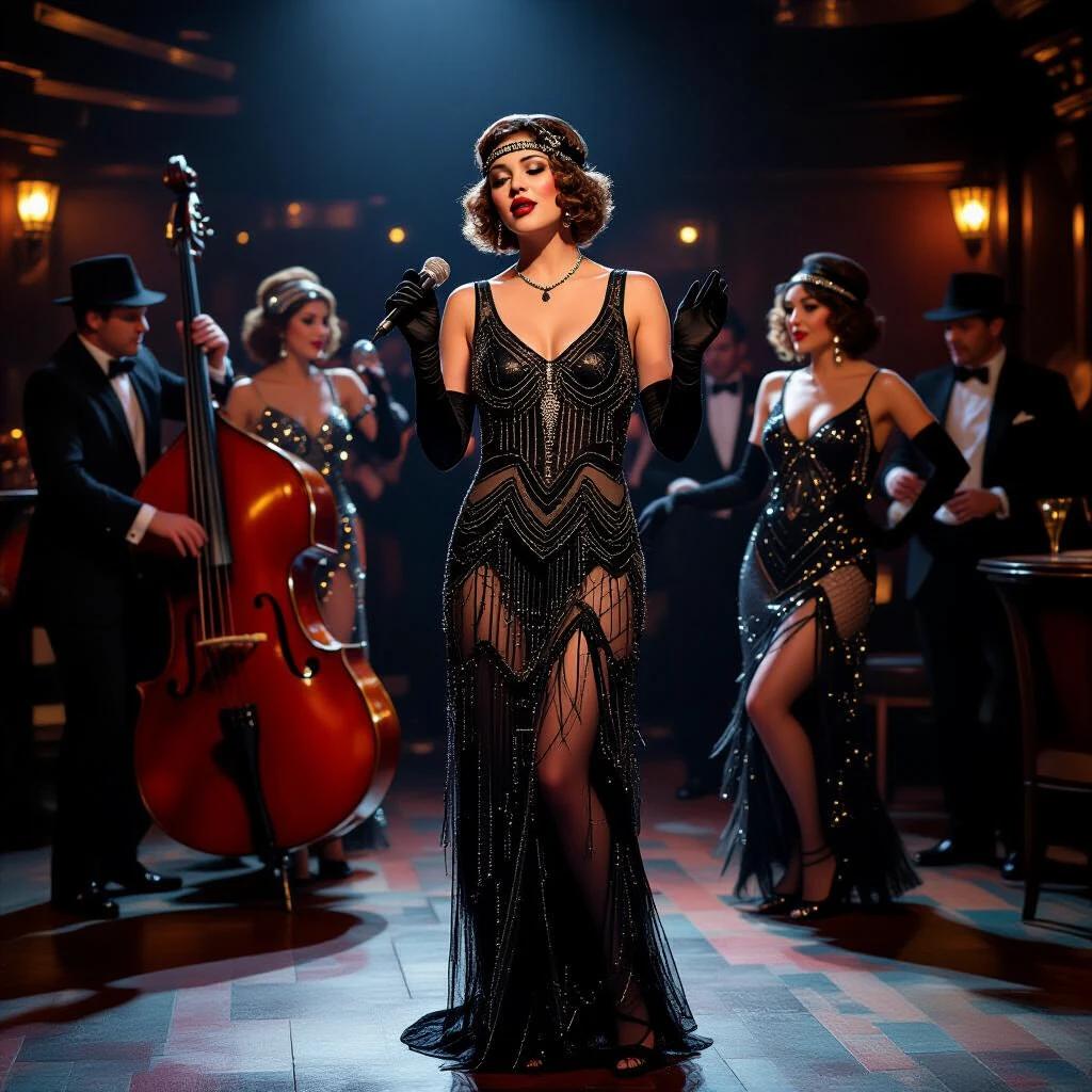 1920s Speakeasy scene with a jazz trio. A sultry female singer performs in a beaded gown. Background features mobsters and flappers swaying. Realistic depiction of the era.