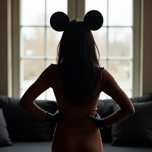 Woman with black hair seen from back in front of window wearing dark brown mouse costume with black gloves and ears. She shakes hips and waves at someone outside. The background includes a black sofa.
