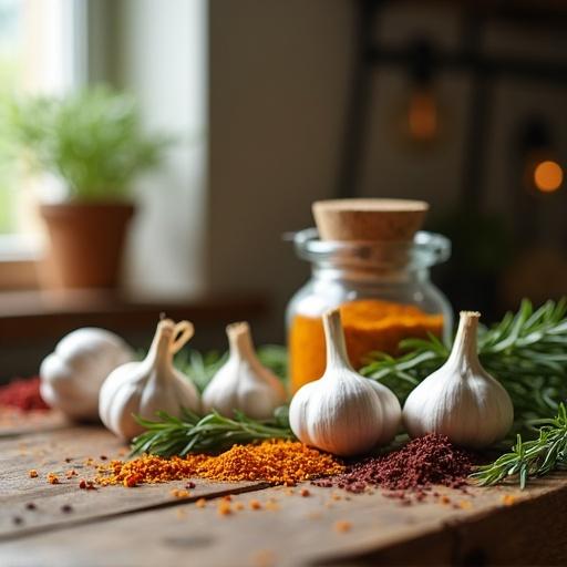 Cozy rustic kitchen scene with garlic bulbs and rosemary sprigs. Colorful spices scattered across a wooden countertop. Warm natural light filters through a window. A clear focus on a spice jar. Softly blurred kitchen background with realistic photography look.