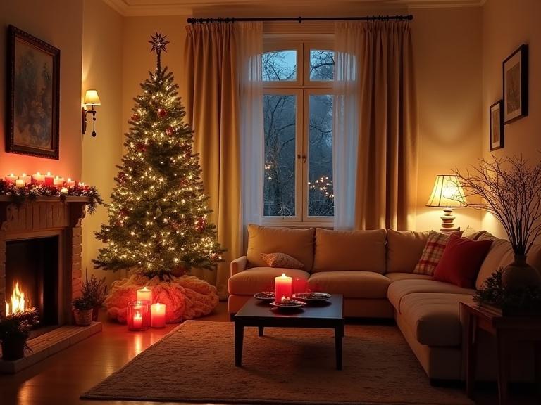 Soft checkered beige living room at night. Dark room with warm lighting creates a romantic atmosphere. Christmas tree adorned with lights in the corner. Red candles placed on the low coffee table. Wall decor with white and beige accents enhance the cozy vibe.