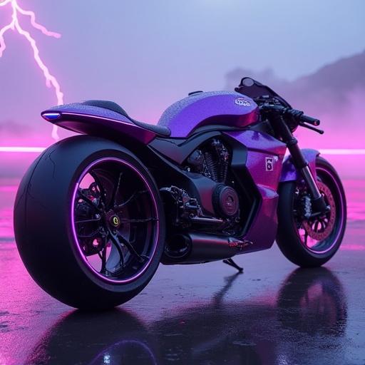 Ultra-futuristic concept motorcycle in deep royal purple finish. Aggressive design with ultra-wide tires and cyberpunk-inspired patterns. Aerodynamic, lightweight carbon fiber body with sharp edges and curves. Angular front fairing with thin LED lights glowing purple. Handlebars integrated into frame for a seamless look. Glowing Ferrari emblem in deep violet. Displayed in futuristic showroom with purple and blue lighting and rain effects. Ghostly lightning in background with glowing rim effects.