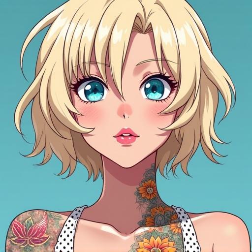 Anime woman with frosted blue eyes and a beautiful face. Short light blonde wavy hair. Futuristic and high-tech style. Wearing a polka dot printed dress. Classy appearance. Half Japanese half Saiyan. Features light pink lipstick. Muscular arms and 6 pack abs. Colorful Japanese tattoos, including a golden lotus. Being an A-list celebrity on a magazine cover.