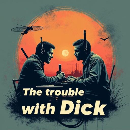 T-shirt design featuring the phrase The Trouble with Dick. Two people depicted in an argument. Ham radio elements included in the design. Retro art style with a sunset background.