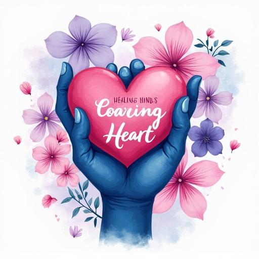 Design featuring a hand holding a heart-shaped object in navy blue. Surrounded by pastel flowers in pink, lavender, and white. The words 'Healing Hands, Caring Heart' in a cursive, white font. Transparent background with soft watercolor texture.