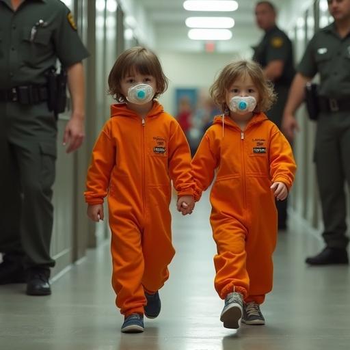 Two children dressed in orange jumpsuits walk hand in hand in a jail. They have oversized pacifiers in their mouths. Several guards are present. Other children are confined in small cages.