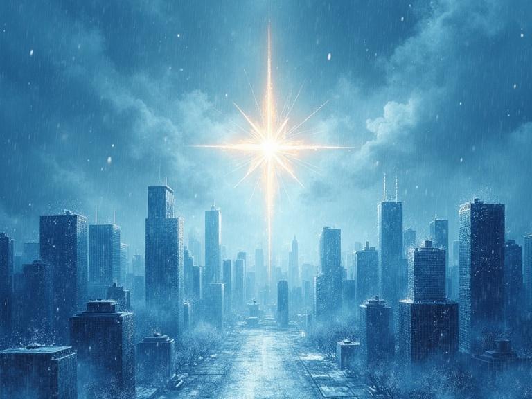 Visual representation of a modern cityscape during a swirling blue snowstorm. Distant, fragmented skyscrapers appear as icy silhouettes. Cold luminous colors dominate the scene. Central star shines defiantly above, contrasting with turbulent storm. Soft, blurred gradients enhance sense of motion.