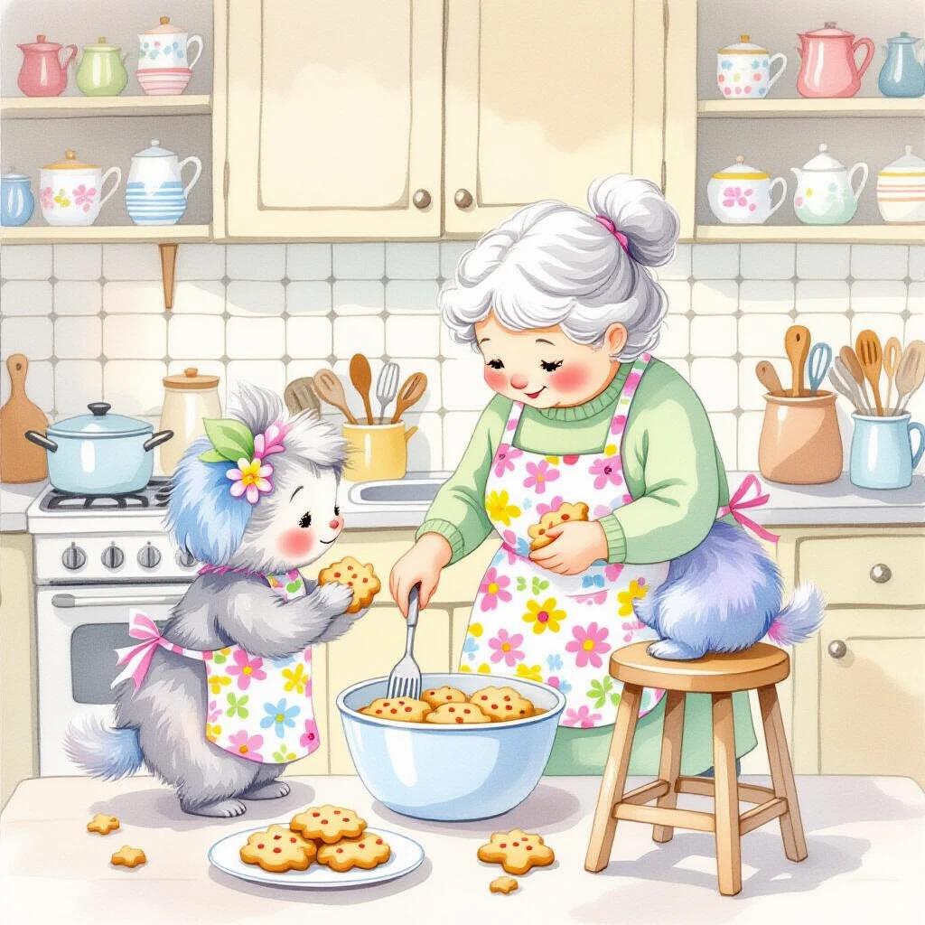 Watercolor painting of colorful fuzzy creatures aiding an elderly woman in the kitchen. One creature wears a floral apron. Another climbs a stool to reach the cupboard. Soft pastel tones and gentle outlines resemble storybook illustrations.