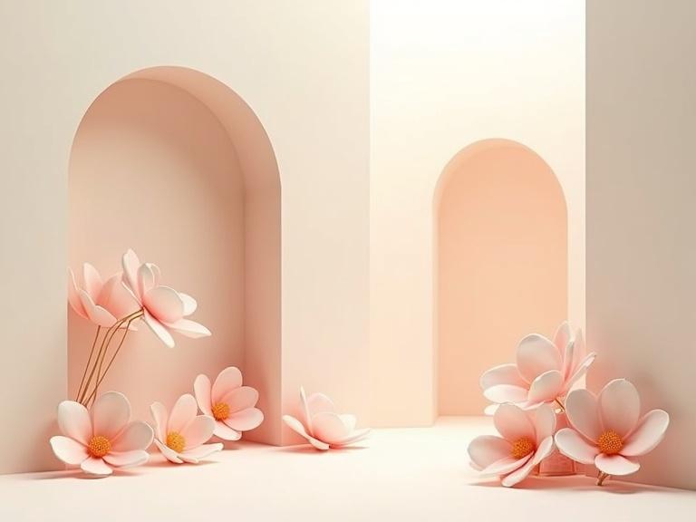 A conceptual 3D space with abstract flowers and architectural curves. Petals sculpted from pearl-like materials. Minimalist background with smooth transitions. Color palette includes cream, powder rose, blush gold, and light terracotta. High-resolution, modern design for elegant interiors.