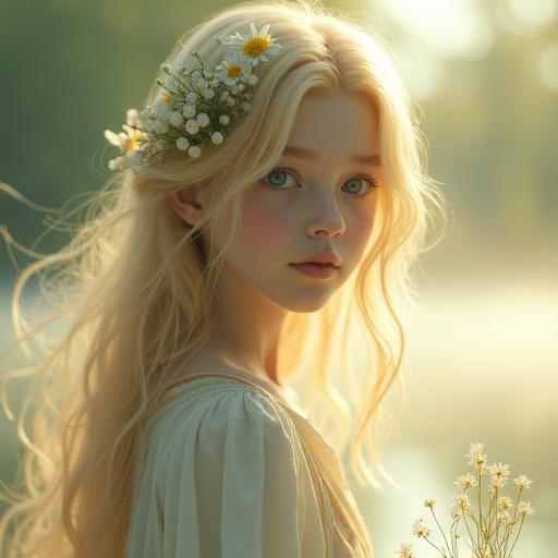 A semi-realistic portrait of a young girl with flowing pale golden hair. The girl has deep eyes and a gentle expression. She wears simple garments adorned with wildflowers. She stands by a misty lakeside at dawn. The background is softly blurred with greens and blues. The atmosphere is mystical and serene.