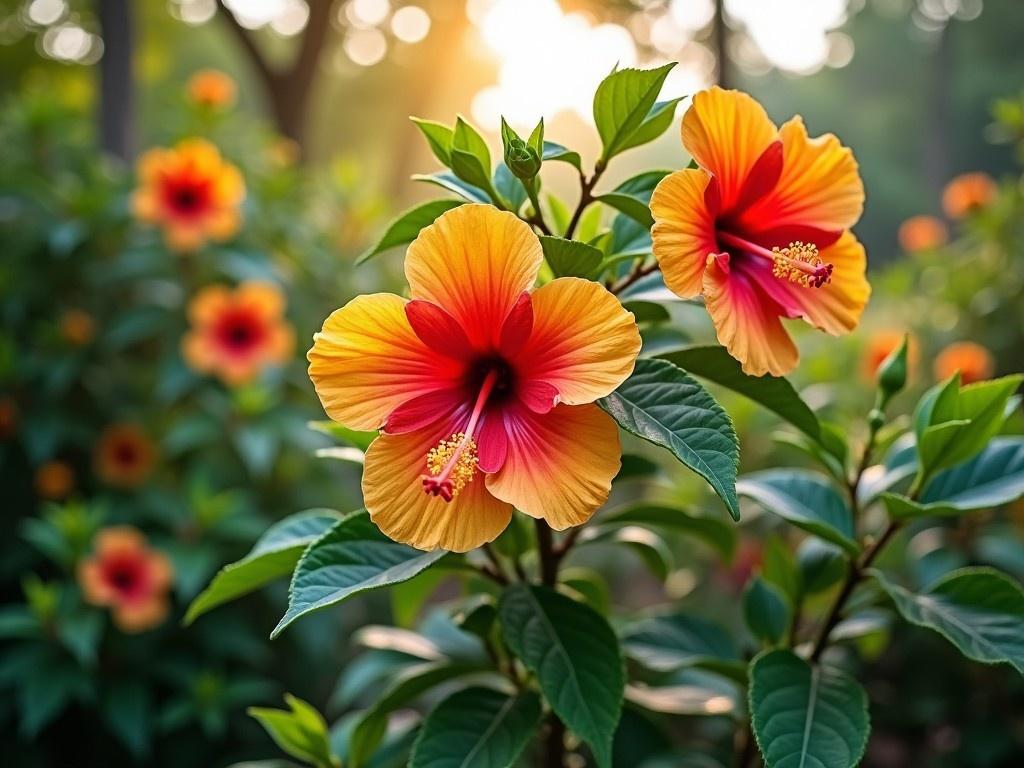 The image captures a beautiful Hibiscus sinensis shrub in a garden setting. The flowers are vibrant, displaying a striking combination of orange and red hues. Soft, warm light filters through the foliage, creating a serene atmosphere. In the background, more hibiscus flowers can be seen, slightly blurred, enhancing the depth of the composition. The leaves are lush and green, framing the colorful blossoms beautifully.