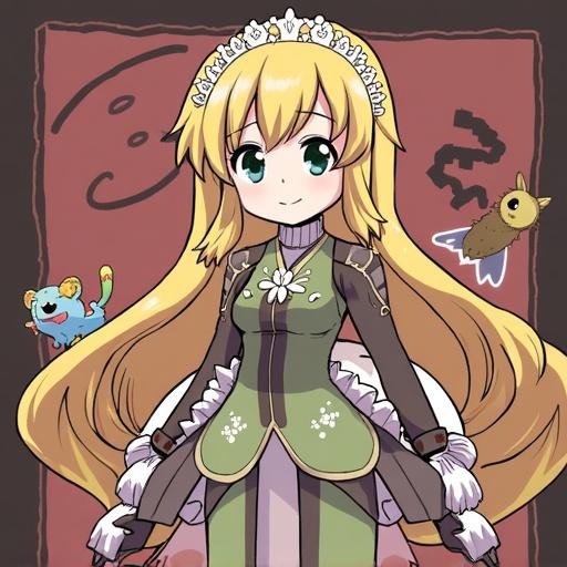 Character with long blonde hair in a green outfit. Background includes playful creatures and abstract shapes. Style is cheerful and colorful.