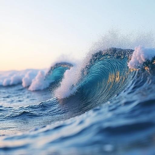 Detailed close-up of ocean waves. The image captures the beauty of water interactions. Curving waves with foam textures. Soft colors with hints of gold from sunset reflections.