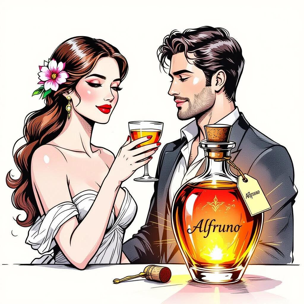 A goddess offering a toast. Beautiful woman with a flower in her hair. Elegant cocktail glass raised. Golden-reddish lipstick. Male partner beside her. An apothecary bottle with a glow rests nearby. The name 'ALFRUNO' displayed on a tag. Surrounded by roses and herbs. Simple and minimalistic design. White background.