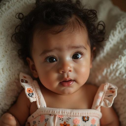 A baby with curly hair looking directly at the camera. The baby has big bright eyes and appears to be indoors. The focus is on the baby's expression and innocence.