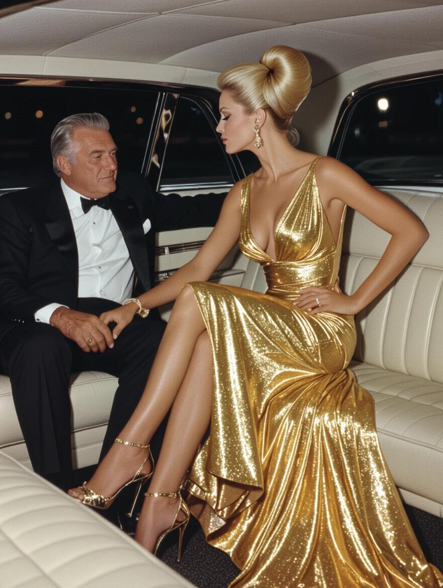 Woman with platinum blonde updo. Shiny gold evening gown. Deep cleavage. Long legs with high heels. Kissing an older man. Sitting in a limo.