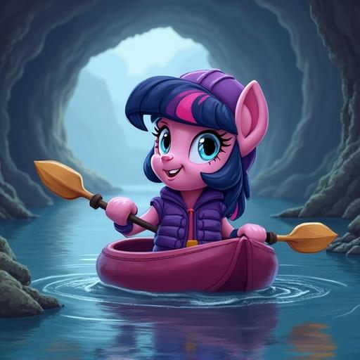 Twilight Sparkle character in a canoe on an underground river. She wears a purple life-jacket and hardhat. The cave background features soft lighting and water reflections. A cozy adventure scene.